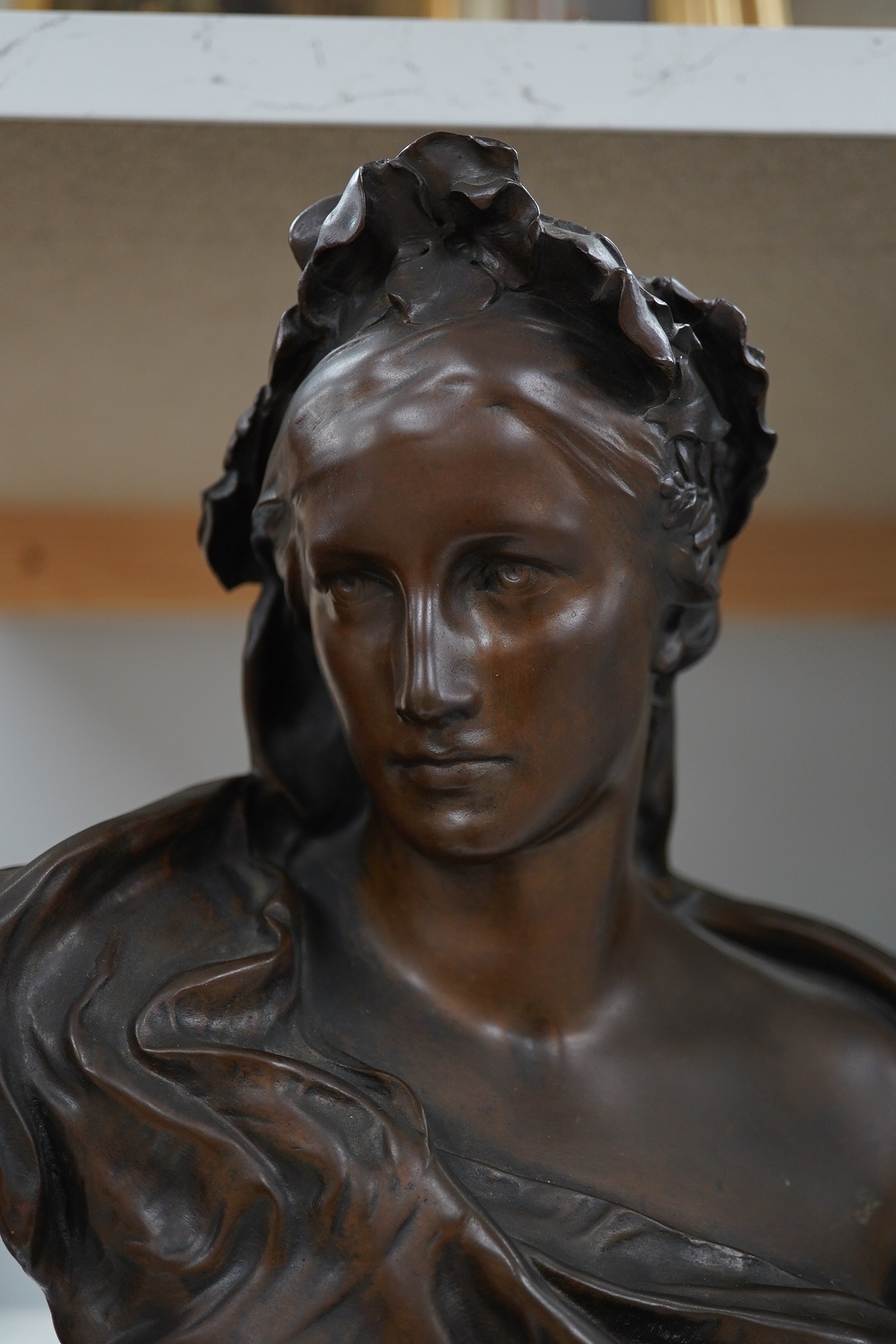 After Gustave Michel (French, 1851-1924), an Art Nouveau bronze bust, ‘La Pensee’, 32cm high. Condition - good